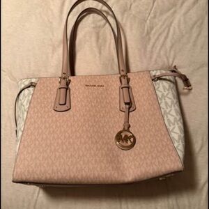 Michael Kors Pink and White Logo Tote with Gold Charm